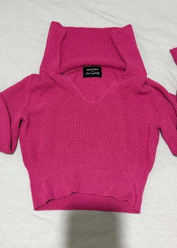 Pembe V Yakalı Örgü Kadın Kazak - Görsel 4