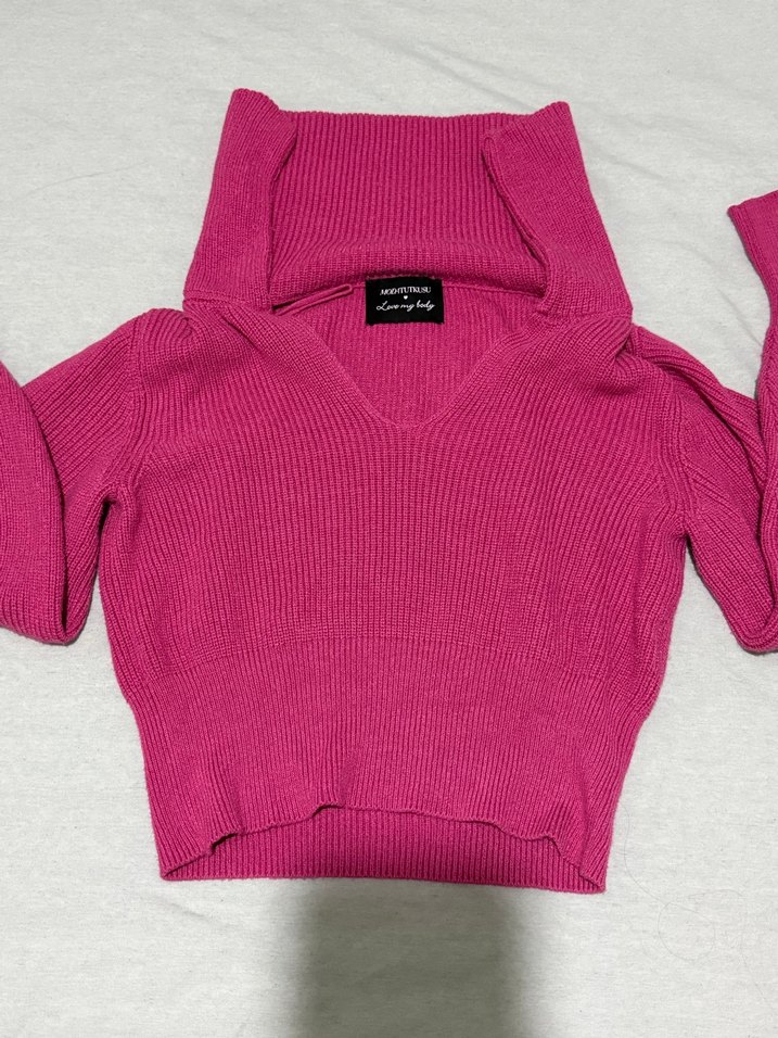 Pembe V Yakalı Örgü Kadın Kazak - Görsel 4