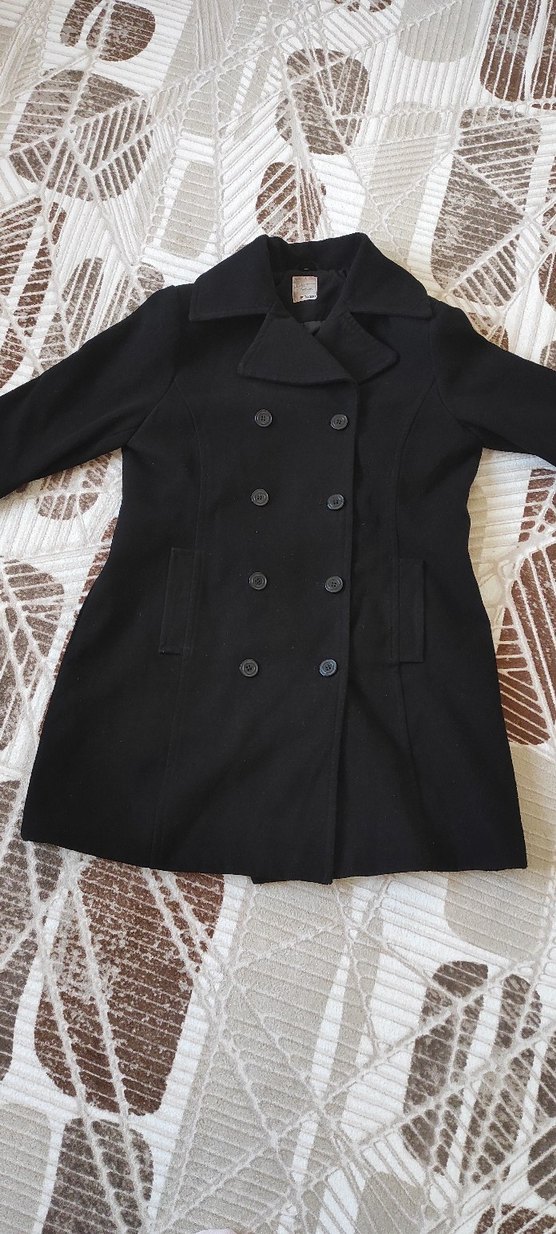 Siyah çift düğmeli  kaşe kaban - Görsel 2