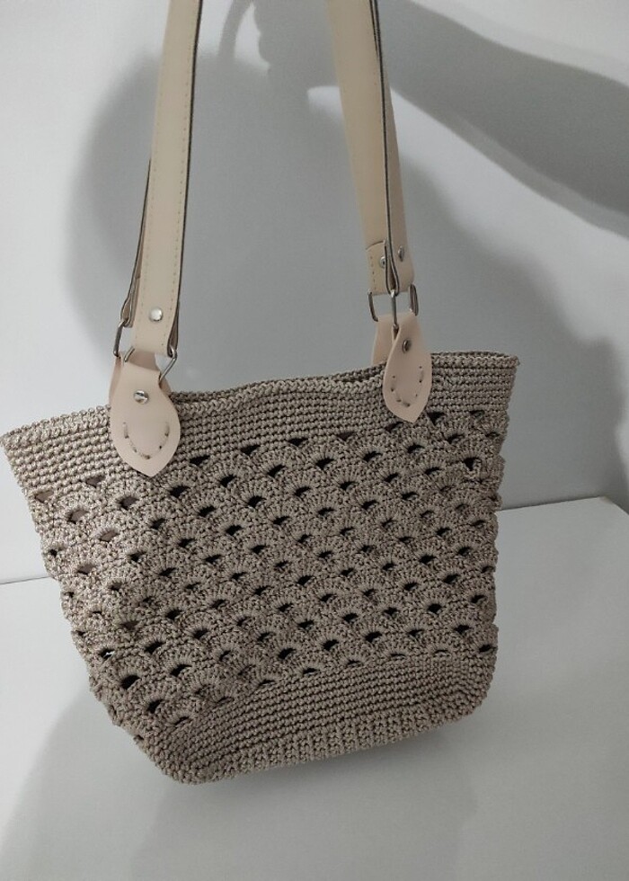 El örgüsü bej rengi makrome çanta  - Görsel 2
