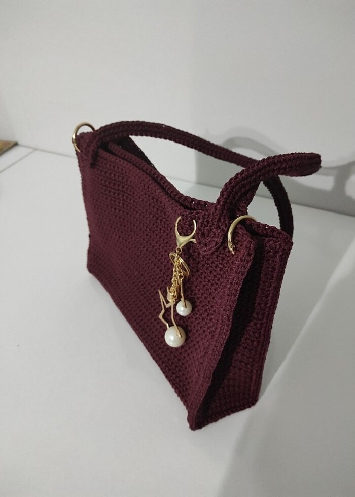 El örgüsü bordo makrome yıldız charmlı çanta  - Görsel 3