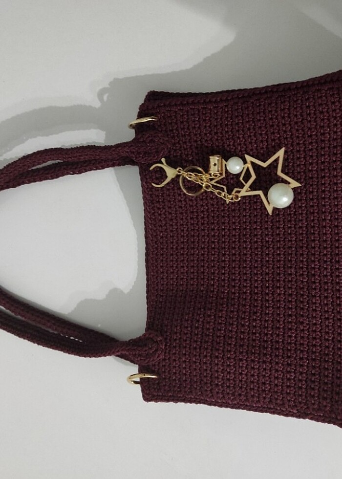 El örgüsü bordo makrome yıldız charmlı çanta  - Görsel 2