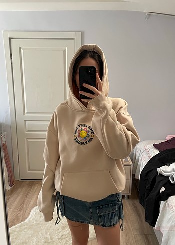 m Beden beyaz Renk Kapüşonlu, Bol Kesim Kadın Sweatshirt