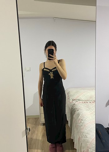 İşlemeli Siyah Uzun Abiye Elbise - Görsel 3