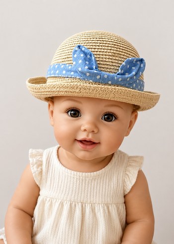 HelloBaby Mavi Puantiyeli Bebek Hasir Sapka