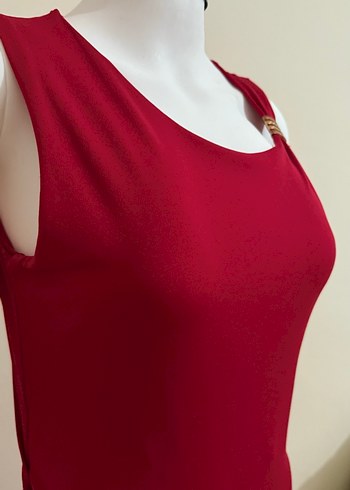 Kırmızı Kadın Uzun V Yaka Elbise - Görsel 3