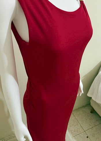Kırmızı Kadın Uzun V Yaka Elbise - Görsel 4