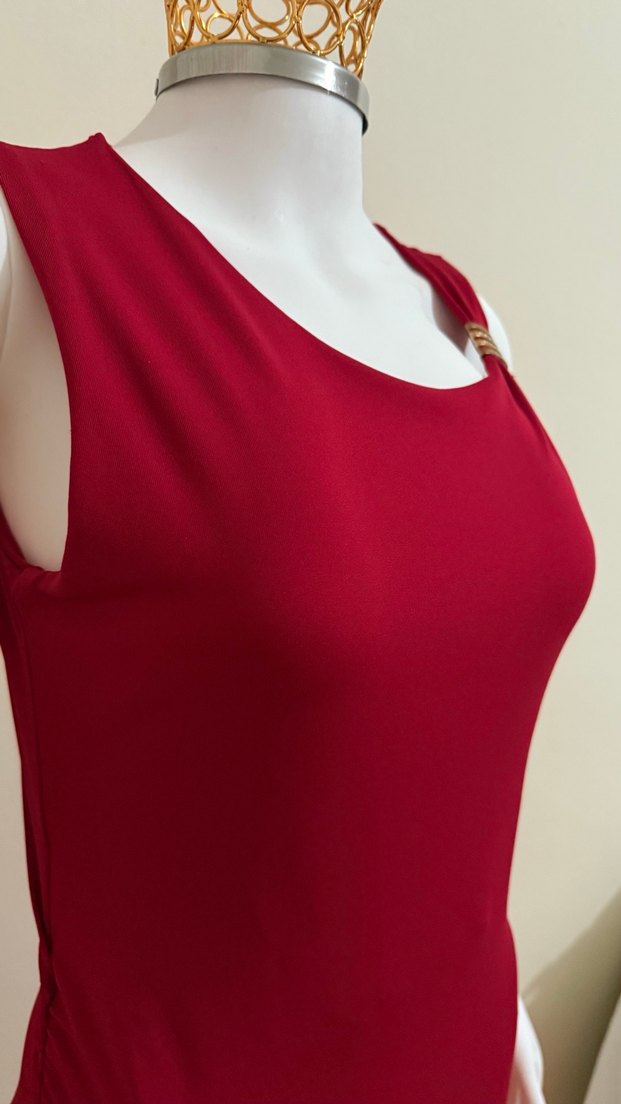 Kırmızı Kadın Uzun V Yaka Elbise - Görsel 3