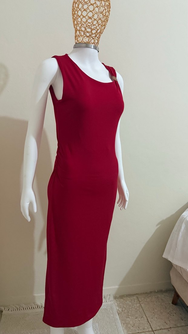 Kırmızı Kadın Uzun V Yaka Elbise - Görsel 2