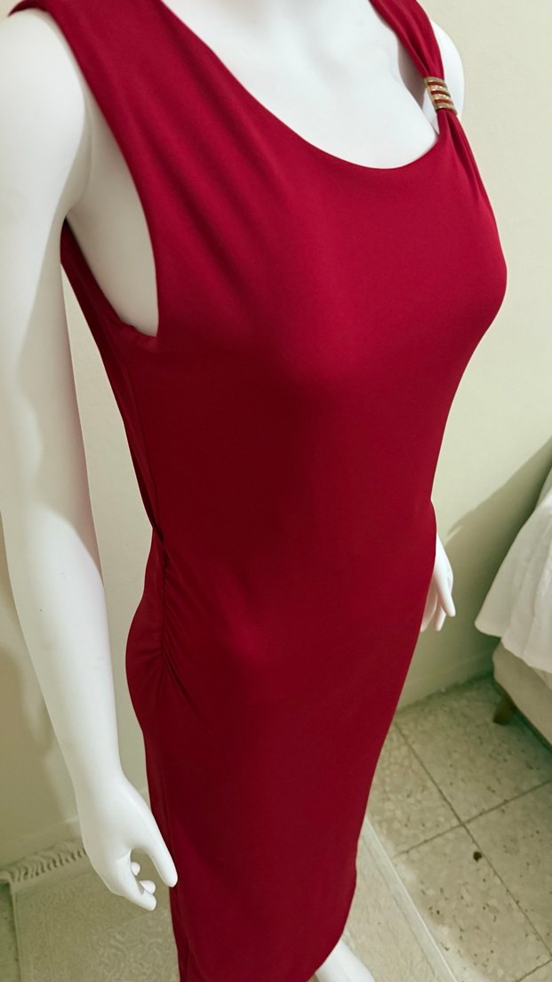 Kırmızı Kadın Uzun V Yaka Elbise - Görsel 4