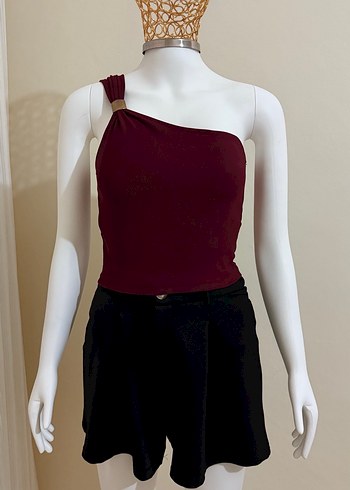 Bordo Tek Omuzlu Mini Kadın Tulum - Görsel 2