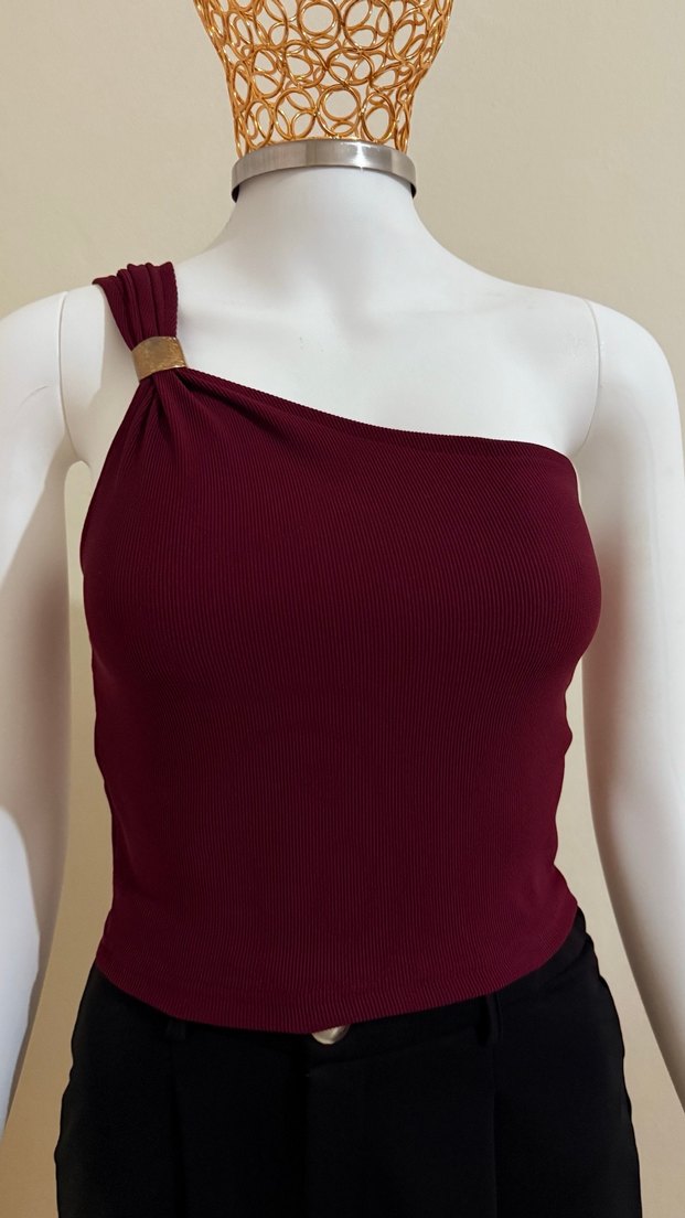 Bordo Tek Omuzlu Mini Kadın Tulum - Görsel 3