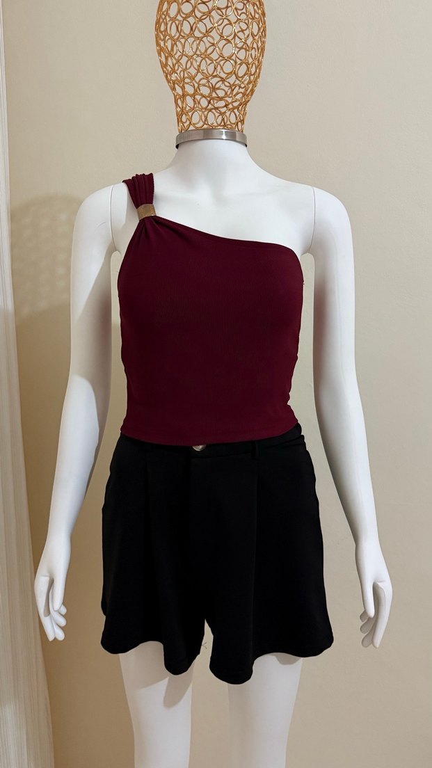 Bordo Tek Omuzlu Mini Kadın Tulum - Görsel 2