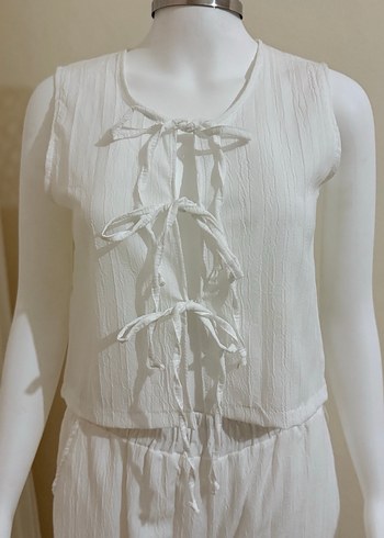 Beyaz Keten Pilili Uzun Tulum - Görsel 3