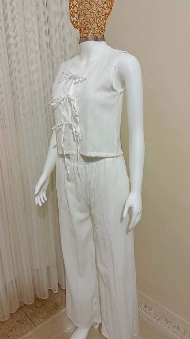 Beyaz Keten Pilili Uzun Tulum - Görsel 2