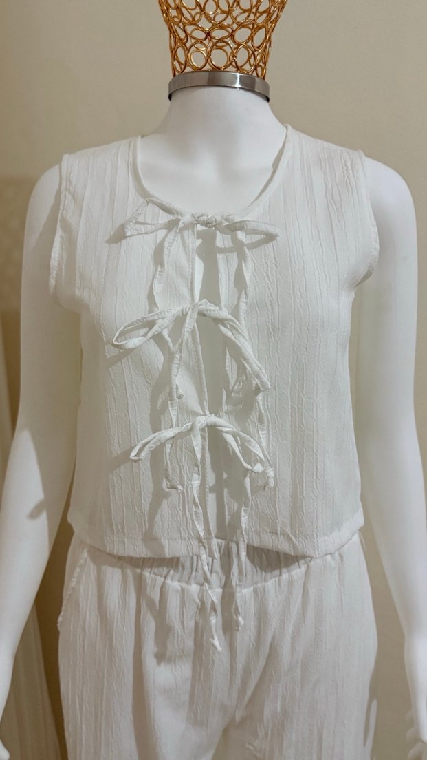 Beyaz Keten Pilili Uzun Tulum - Görsel 3