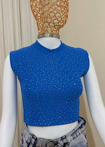 Parlak Mavi Pul İşlemeli Crop Top - Görsel 2