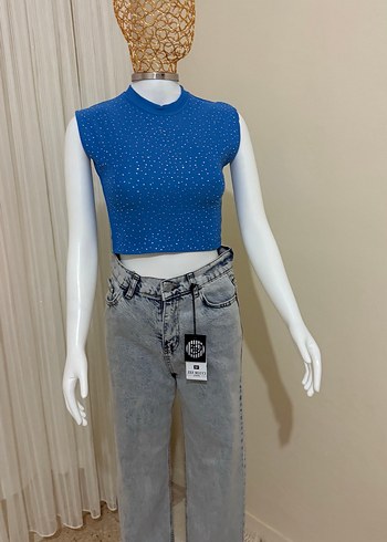Parlak Mavi Pul İşlemeli Crop Top - Görsel 3