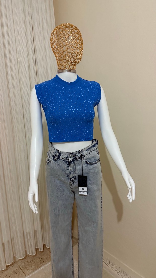 Parlak Mavi Pul İşlemeli Crop Top - Görsel 4