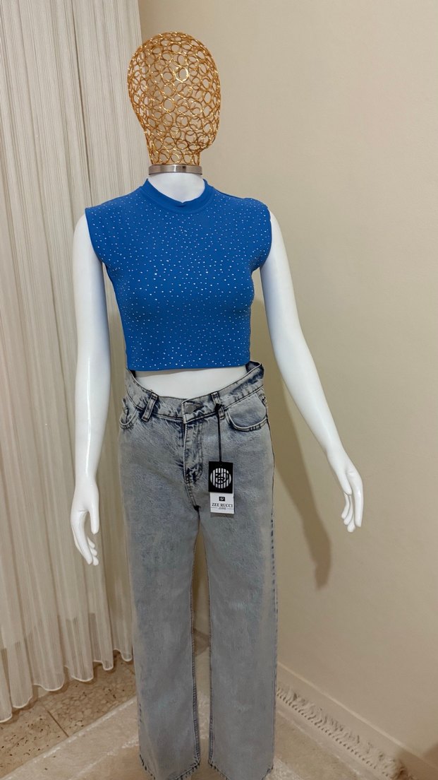 Parlak Mavi Pul İşlemeli Crop Top - Görsel 3