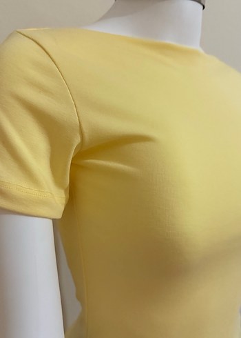 Sarı Mini Kadın Tişört, Kayık Yaka, Kısa Kollu - Görsel 3