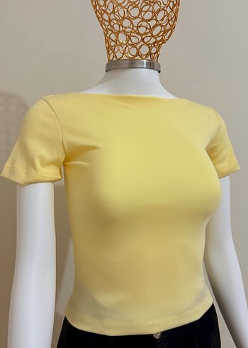 Sarı Mini Kadın Tişört, Kayık Yaka, Kısa Kollu - Görsel 2