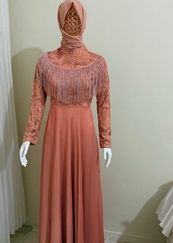 Uzun Kollu Nakışlı Bohem somon Abiye Elbise - Görsel 2