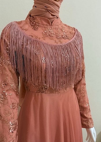 Uzun Kollu Nakışlı Bohem somon Abiye Elbise - Görsel 3