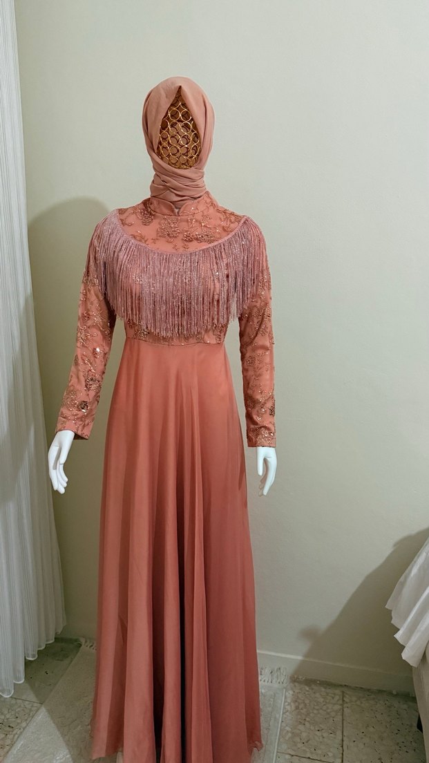 Uzun Kollu Nakışlı Bohem somon Abiye Elbise - Görsel 2