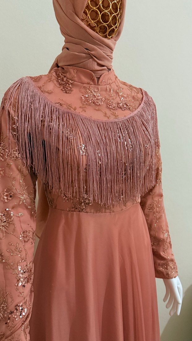 Uzun Kollu Nakışlı Bohem somon Abiye Elbise - Görsel 3