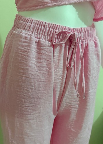 Pembe Bol Kesim Keten Kumaş Pantolon - Görsel 4