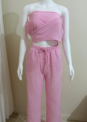 Pembe Bol Kesim Keten Kumaş Pantolon - Görsel 2