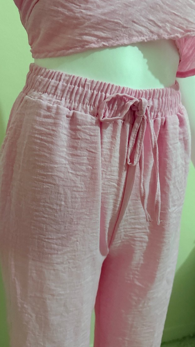 Pembe Bol Kesim Keten Kumaş Pantolon - Görsel 4