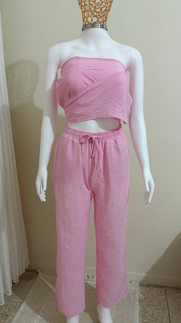 Pembe Bol Kesim Keten Kumaş Pantolon - Görsel 2