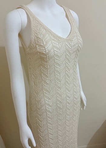 Dantel Detaylı Bej Bohem Uzun Örme Elbise - Görsel 4