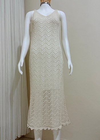 Dantel Detaylı Bej Bohem Uzun Örme Elbise - Görsel 2