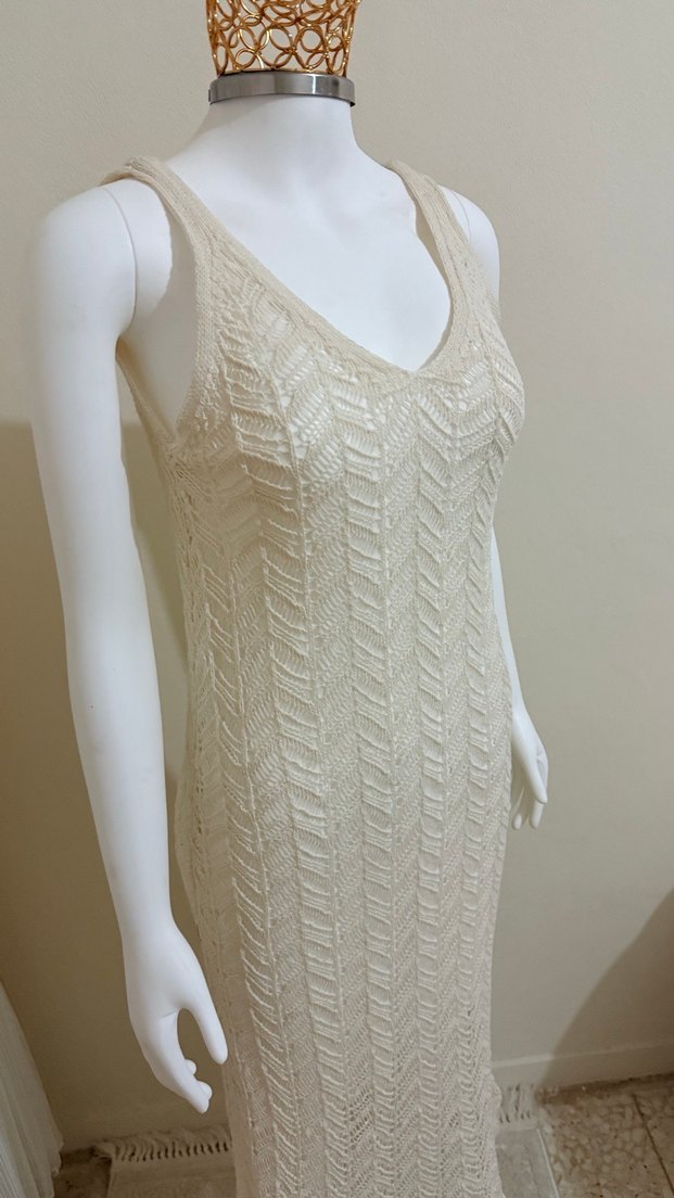 Dantel Detaylı Bej Bohem Uzun Örme Elbise - Görsel 4