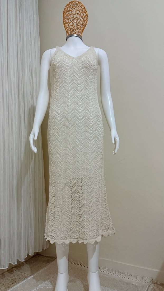 Dantel Detaylı Bej Bohem Uzun Örme Elbise - Görsel 2