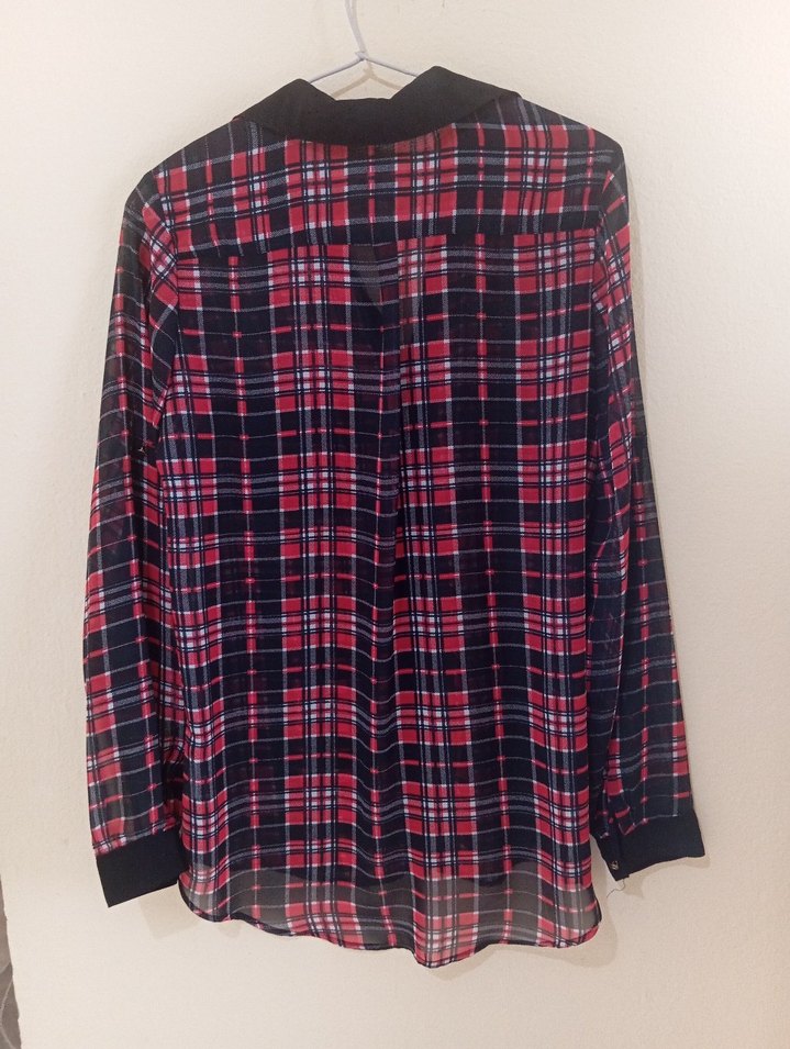 Kadın Kırmızı Kareli Uzun Kollu Şifon Gömlek - Görsel 2