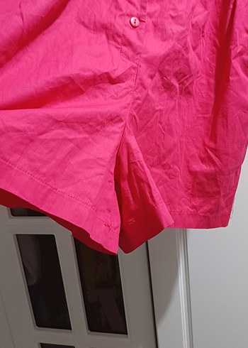 Düğmeli Kısa Kollu Pembe Keten Tulum - Görsel 3