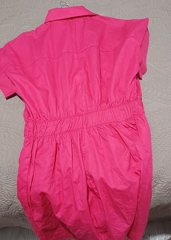 Düğmeli Kısa Kollu Pembe Keten Tulum - Görsel 4