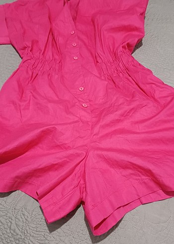 Düğmeli Kısa Kollu Pembe Keten Tulum - Görsel 5