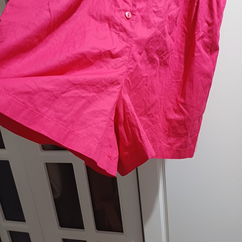 Düğmeli Kısa Kollu Pembe Keten Tulum - Görsel 3