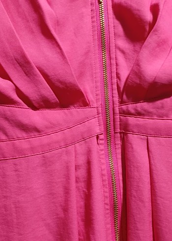 Pembe Midi Keten V Yaka Fermuarlı Elbise - Görsel 2