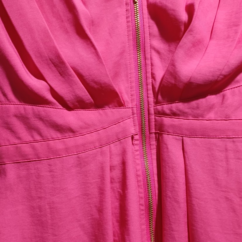 Pembe Midi Keten V Yaka Fermuarlı Elbise - Görsel 2