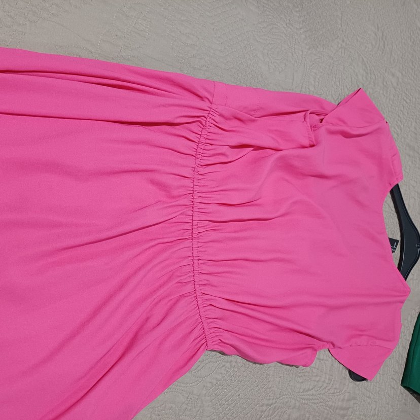 Pembe Midi Keten V Yaka Fermuarlı Elbise - Görsel 4