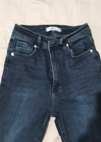 Düğmeli Lacivert Kadın Midi Kot Pantolon - Görsel 3