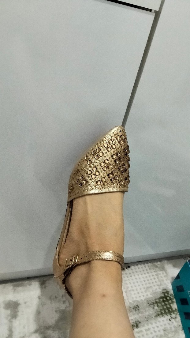 Altın Renkli Kemerli Blok Topuklu Kadın Babet - Görsel 2