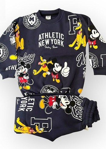 Renkli Baskılı Mickey Sweatshirt ve Eşofman Takımı