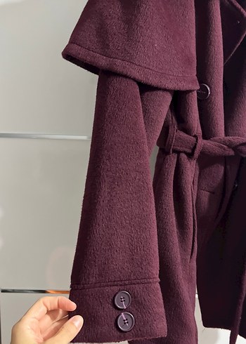 36 Beden bordo Renk Düğmeli Kemerli Bordo Kaban